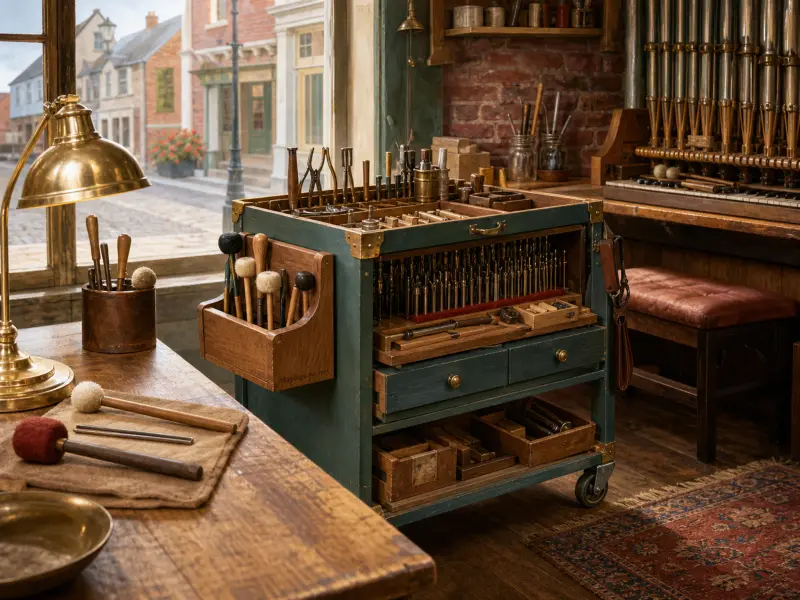 A teal wooden tool cart filled with repair tools stands beside a pipe organ and a window overlooking a street.