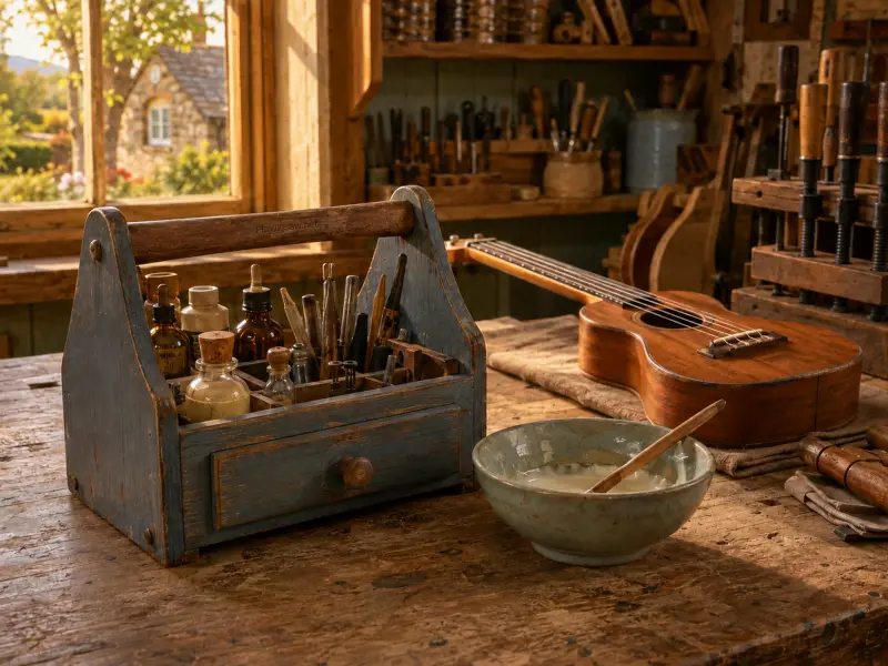 A small guitar, a blue wooden toolbox, and glue bowl on a sunlit luthier workbench by an open window.