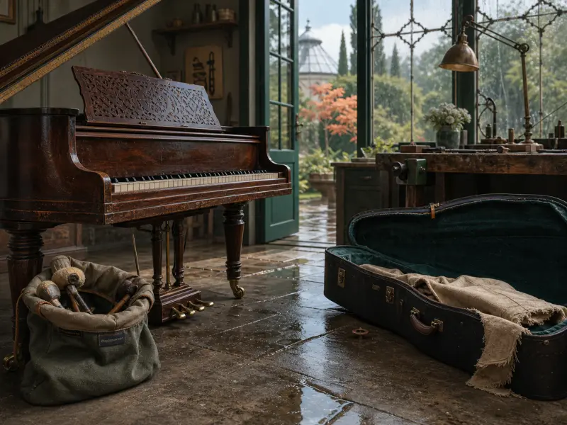 A wooden grand piano with an ornate music stand beside an open door and instrument case on a damp stone floor.