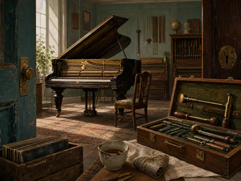 An open antique grand piano undergoing repair in a sunlit workshop with a wooden toolkit in the foreground.