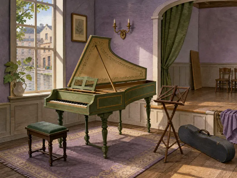 A green painted harpsichord sits in a sunlit music room with lavender walls beside a window overlooking a canal.