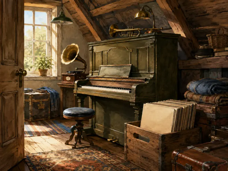 An antique green upright piano in a sunlit wooden attic beside a vintage gramophone and a crate of vinyl records.