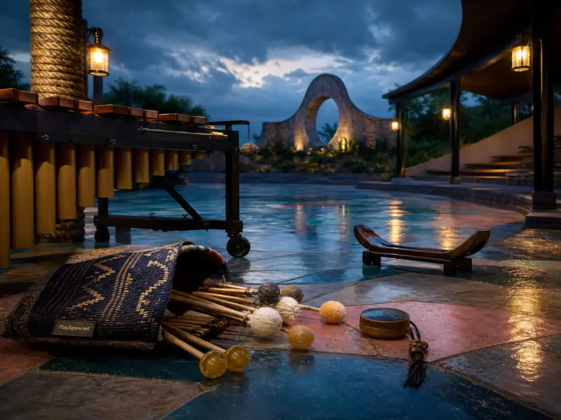 A marimba and scattered mallets on an outdoor tiled patio near a stone archway at dusk.