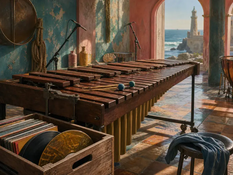 A wooden marimba with blue mallets sits on a sunlit seaside terrace overlooking waves and an old lighthouse.