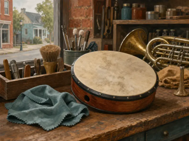 A circular frame drum rests on a wooden workbench with tools and brass instruments beside a sunlit window.