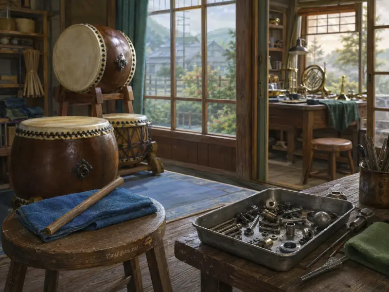 Traditional Japanese taiko drums inside a wooden workshop with tools, hardware trays, and garden window views.