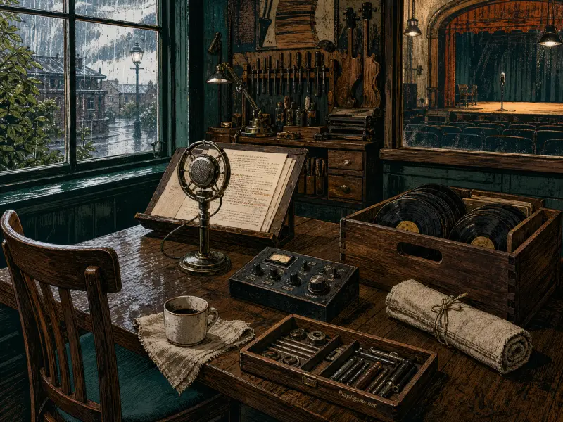 Vintage broadcast studio desk with microphone, vinyl records, and windows showing rain outside and a theater stage.