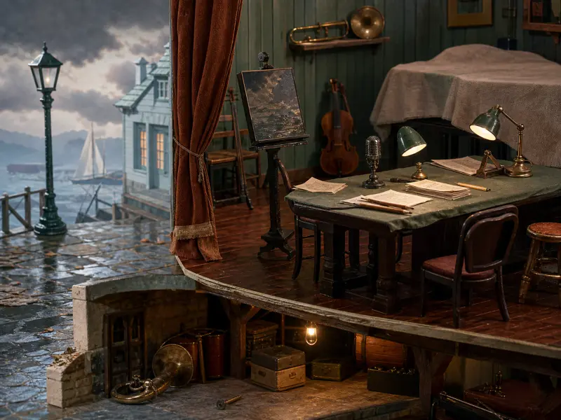 A miniature diorama showing a music studio beside a misty harbor, complete with desk lamps, instruments, and a cellar.