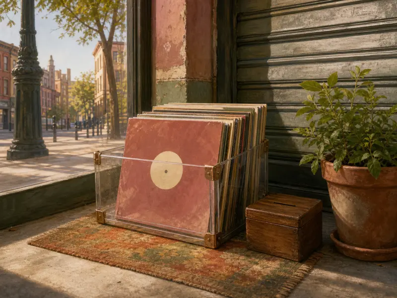 A collection of vinyl records in a clear crate sits by a sunny shop window near a potted plant and a wooden box.