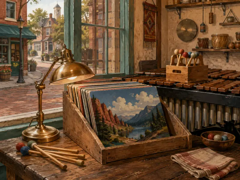 A brass lamp, mallets, and painted album sleeves on a wooden workbench next to a vibraphone and street window.