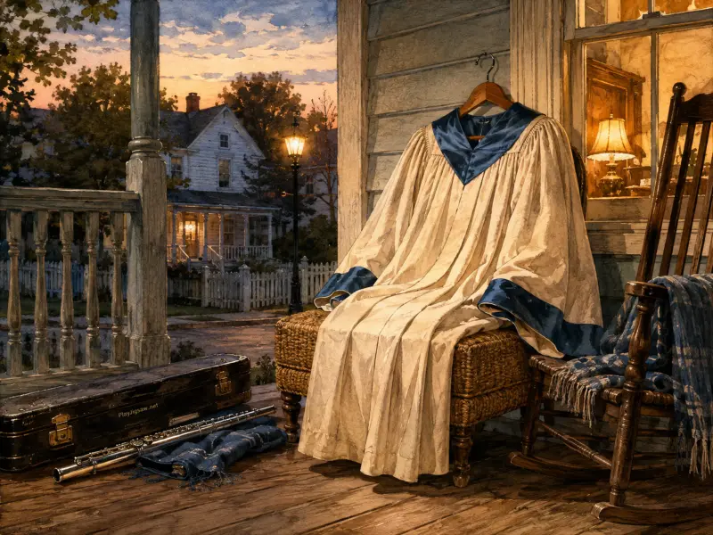 A choir robe draped over a porch bench next to a silver flute, instrument case, and wooden rocking chair at dusk.
