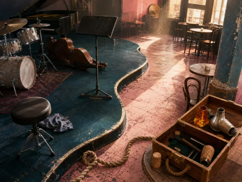 Musical instruments resting on a curved stage inside a sunlit cafe with bistro tables and an open case of mutes.