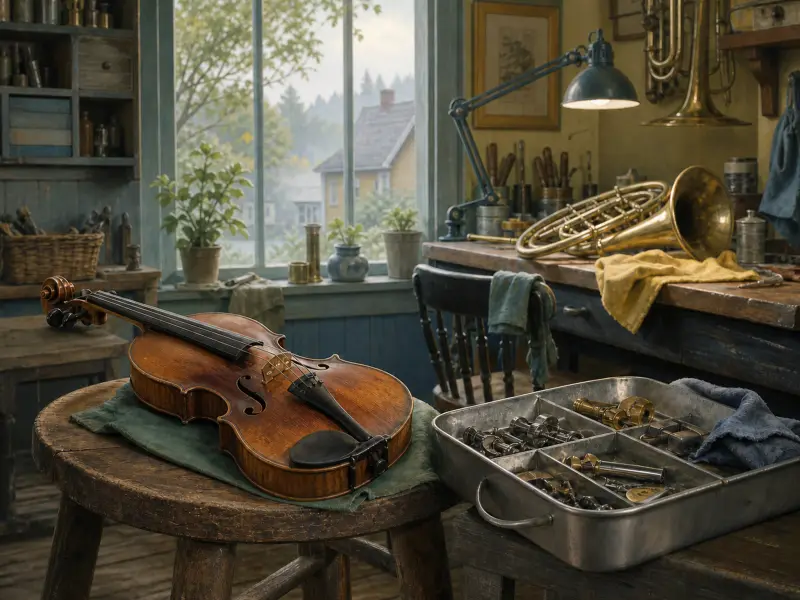 A wooden violin rests on a stool in an instrument workshop next to a French horn on a workbench.