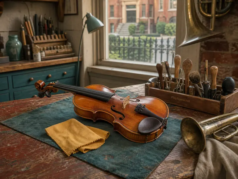A wooden violin rests on a green mat on a luthier's workbench beside tools and a window.