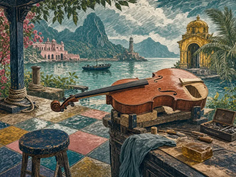 An unfinished cello rests on a workbench on a tiled terrace overlooking a bay with a lighthouse and palace.