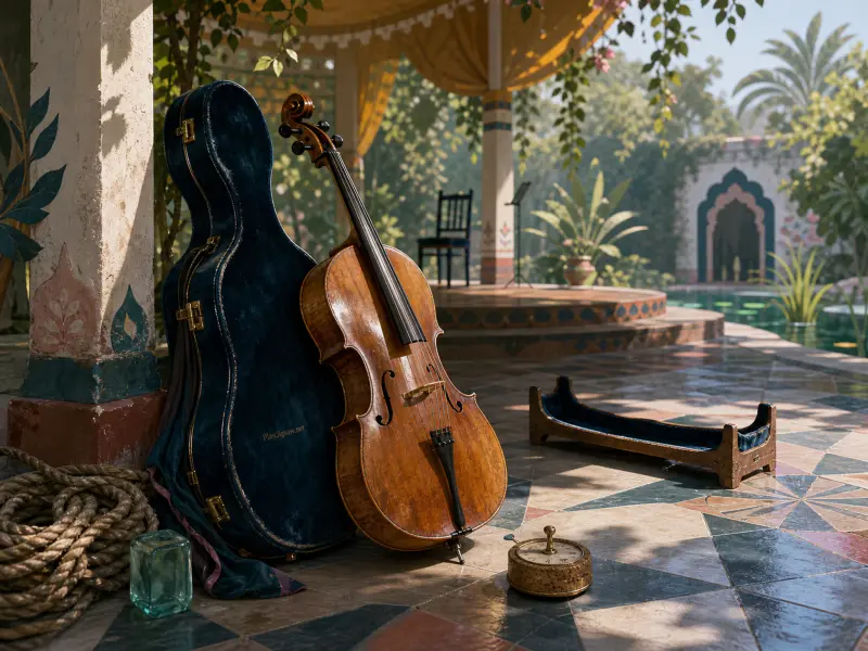 A wooden cello rests beside an open blue case on a patterned terrace overlooking a lush garden pavilion.