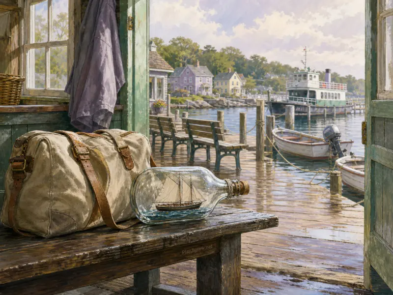 A travel bag and a ship in a bottle rest on a wooden bench overlooking a rainy harbor with moored boats.