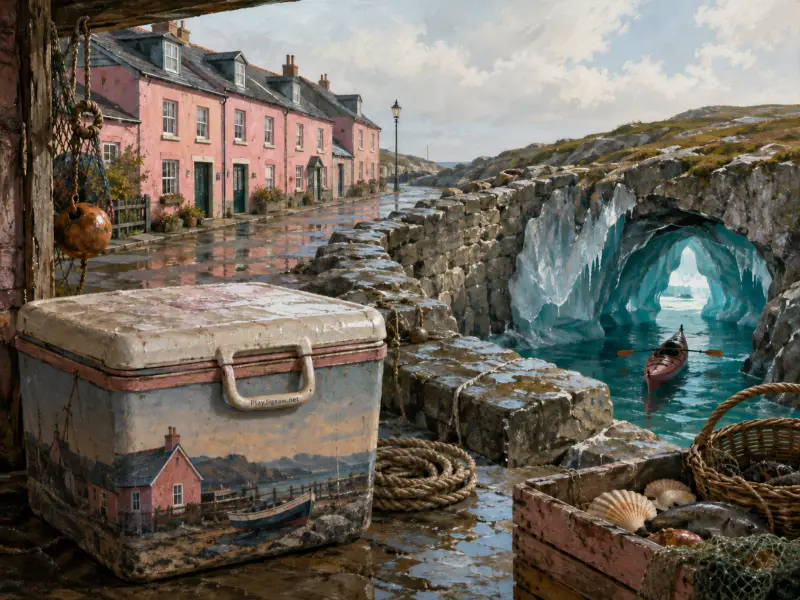 A painted cooler on a stone harbor pier next to pink seaside cottages and a kayaker entering an icy sea cave.