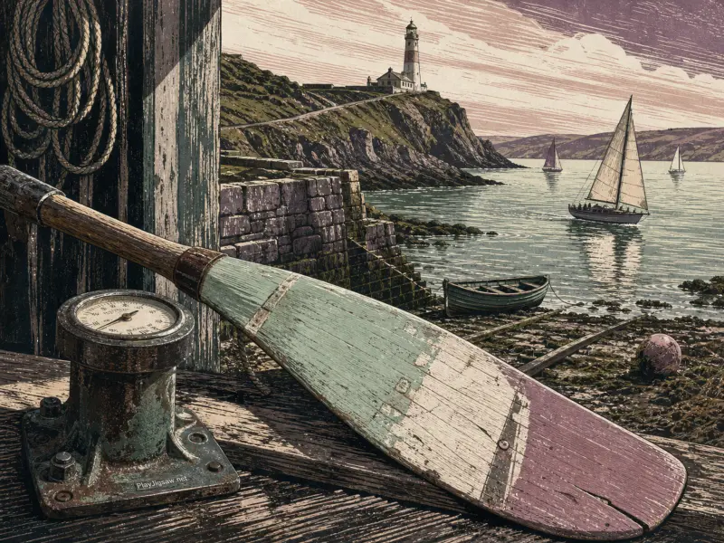 A painted wooden oar and metal gauge on a pier looking across a bay with sailboats and a clifftop lighthouse.