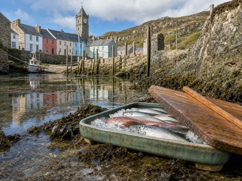 Fresh fish on ice in a shallow tray set on rocky harbor seaweed with a stone village and clock tower in the background.