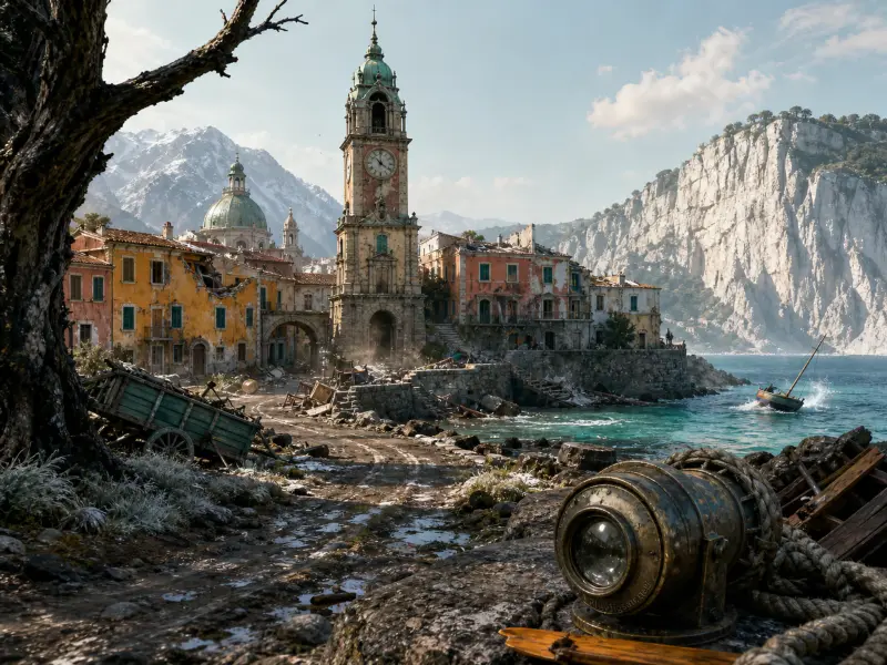An ornate stone clock tower stands in a weathered coastal village beside turquoise sea waters and towering cliffs.