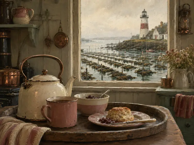 A rustic tea tray sits by a rainy window looking out onto a coastal bay and distant lighthouse.