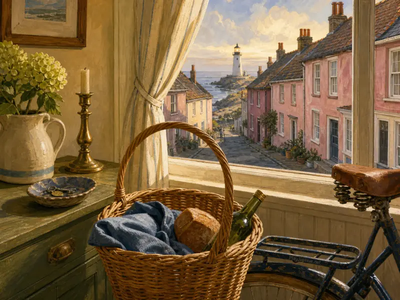 A window view of a seaside village street with colorful cottages and a lighthouse, with a picnic basket in front.