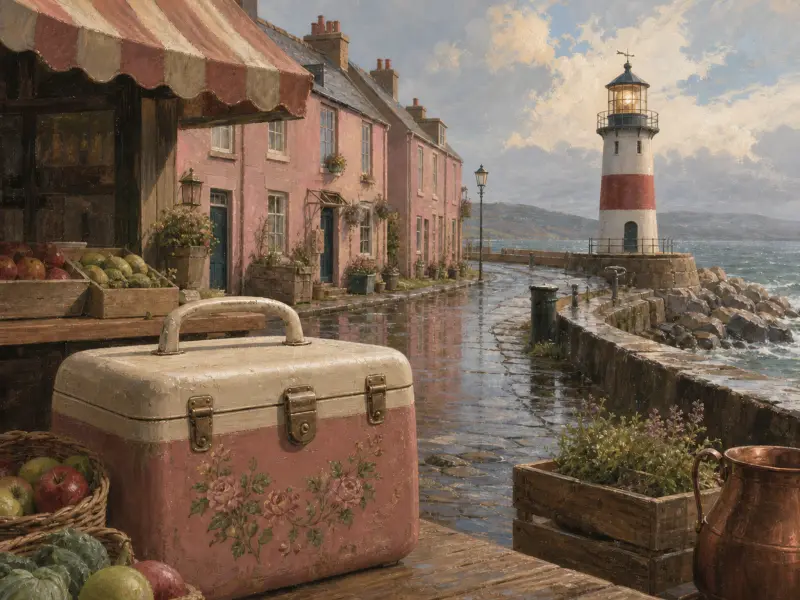 A vintage floral cooler on a market stall overlooking a wet coastal street and a distant seaside lighthouse.