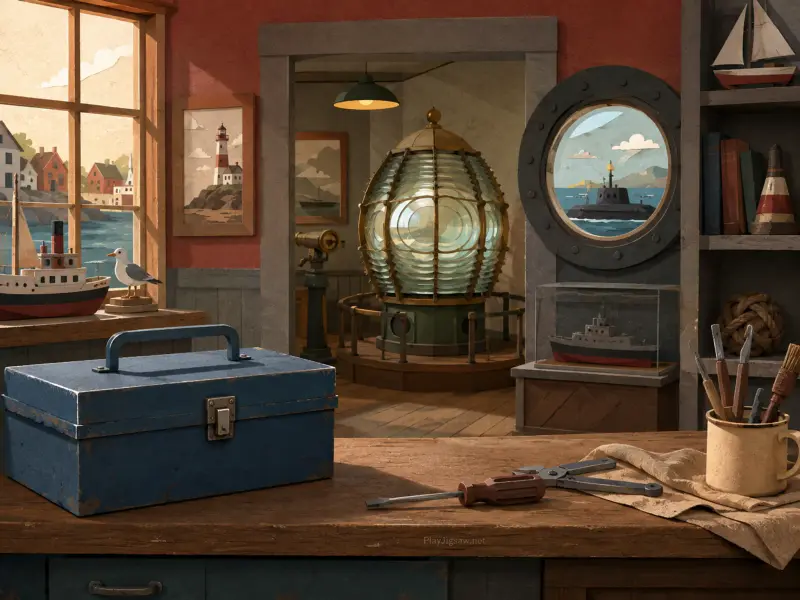 A keeper workshop workbench with a blue toolbox, ship models, and an adjoining room housing a large Fresnel lens.