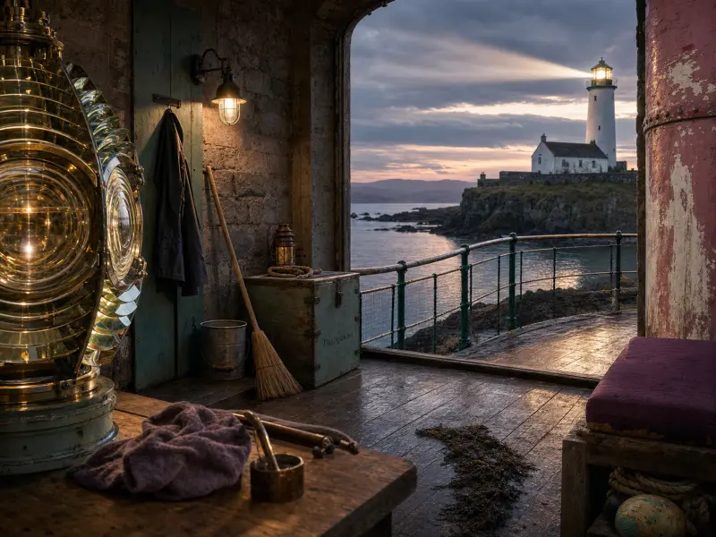 A brass Fresnel lens rests in a seaside workshop overlooking a lit lighthouse across coastal waters at dusk.