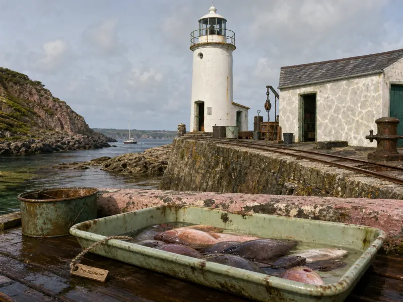 A white lighthouse on a stone pier with a shallow tray of fresh fish in the foreground and a sailboat in the cove.