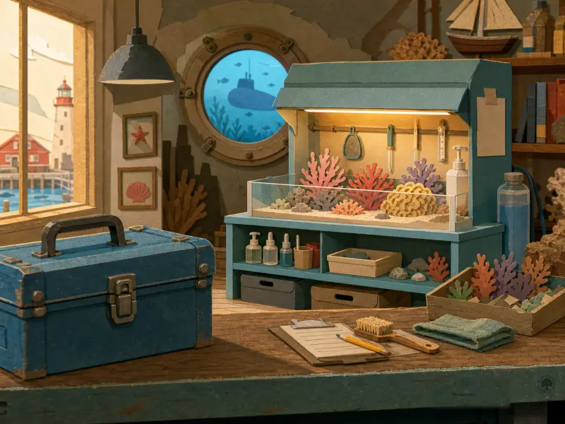 Papercraft marine biology workshop with an illuminated coral tank, blue toolbox, and a porthole looking underwater.