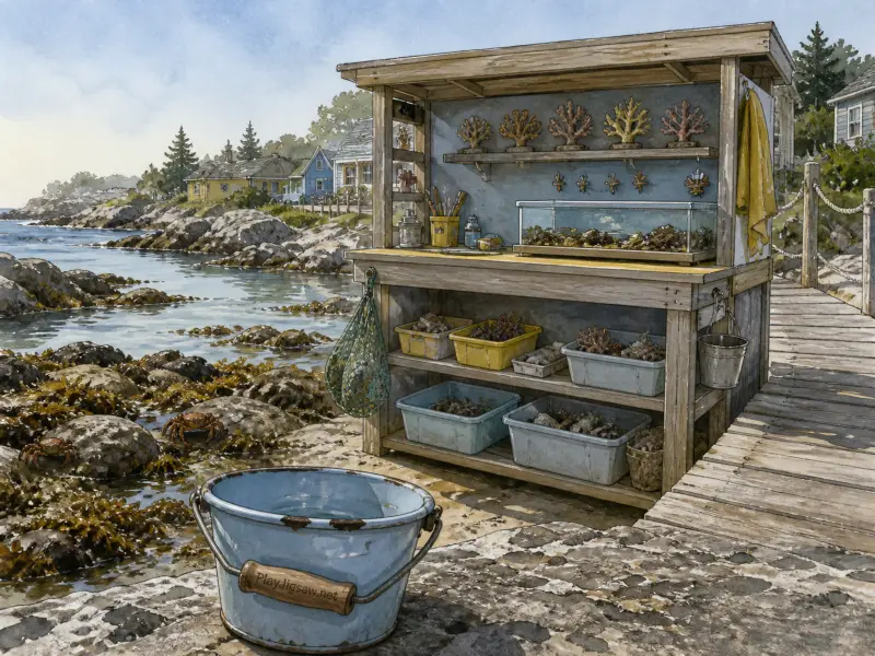 A wooden outdoor specimen workbench with coral samples and trays sits beside a rocky shore and ocean inlet.