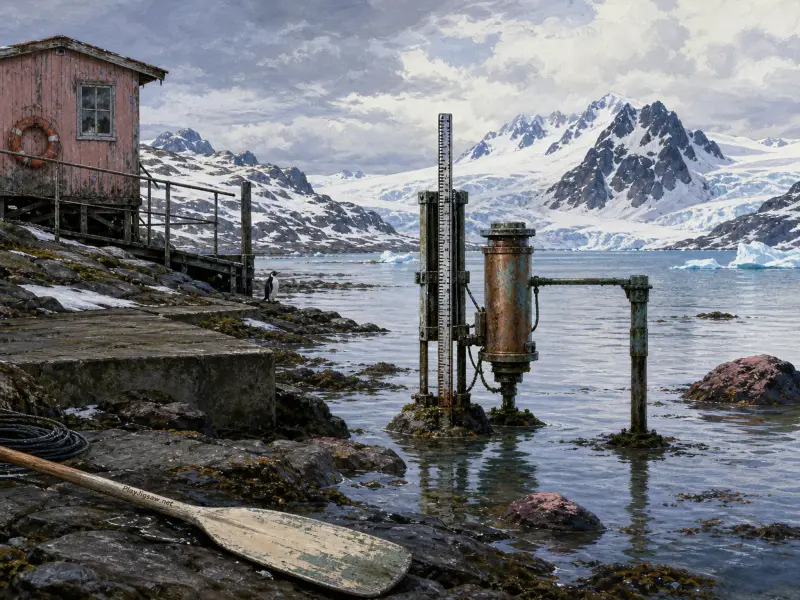 Weathered wooden hut and tide gauge station along a rocky polar shoreline facing snow-capped mountains.