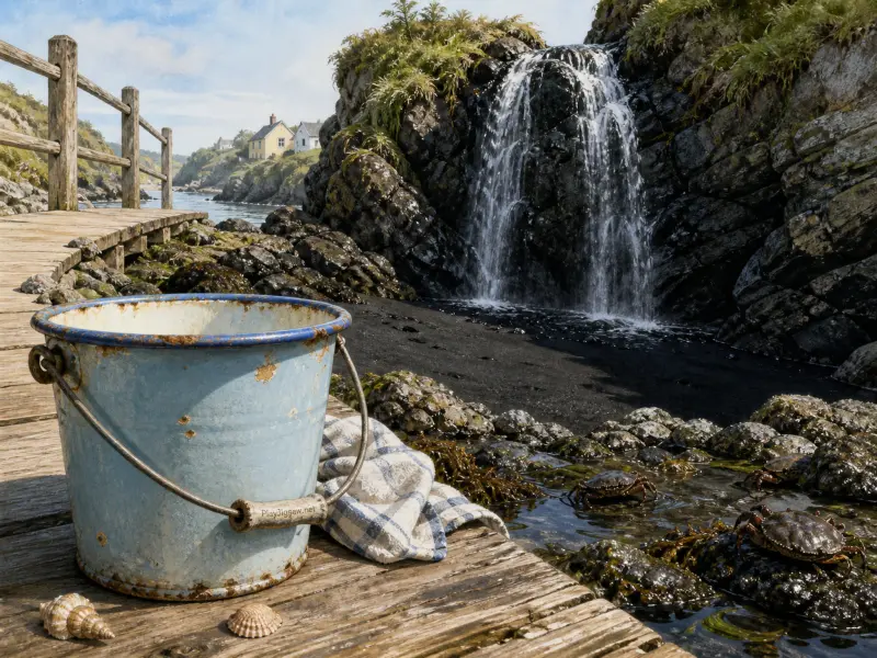 A weathered blue bucket on a wooden pier overlooking crabs in a tide pool and a coastal waterfall on black sand.