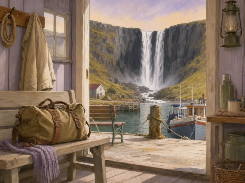 View from a wooden cabin doorway showing a travel bag on a bench overlooking a harbor and towering waterfall.