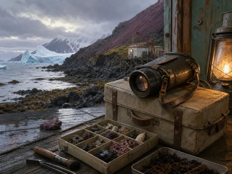 Naturalist tools, a specimen box, and an old lens on a wooden porch overlooking an Arctic coast with icebergs.
