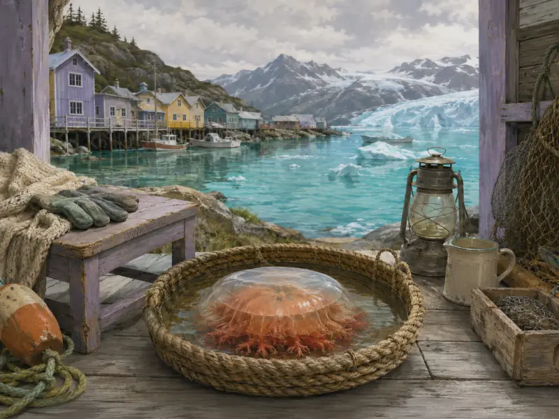 An orange jellyfish floats in a rope basin on a wooden dock overlooking a coastal village and distant glacier.