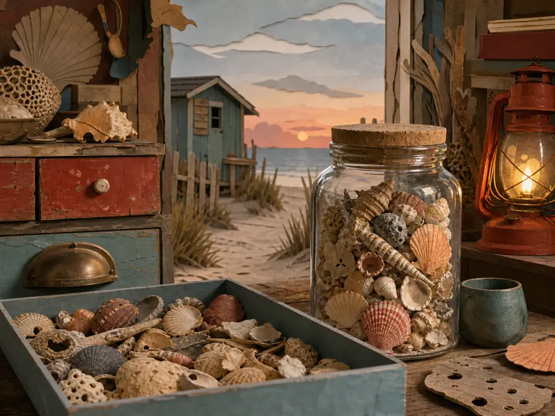 A glass jar and tray filled with seashells rest on a table beside a glowing red lantern overlooking a beach sunset.
