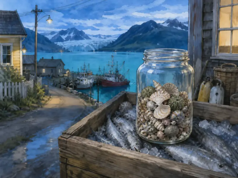 A glass jar filled with seashells atop a wooden crate of iced fish overlooking a harbor village and distant glacier.