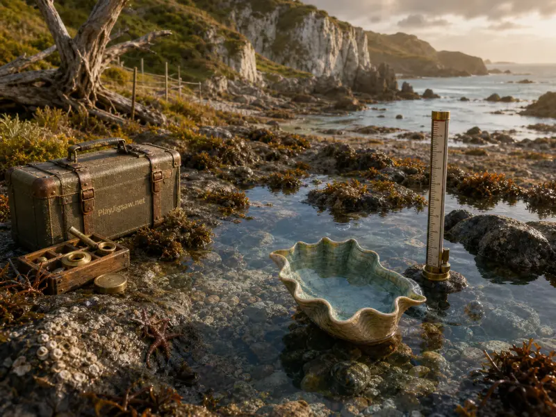 A vintage suitcase, brass tools, and a ceramic shell beside a rocky tide pool with coastal cliffs behind.