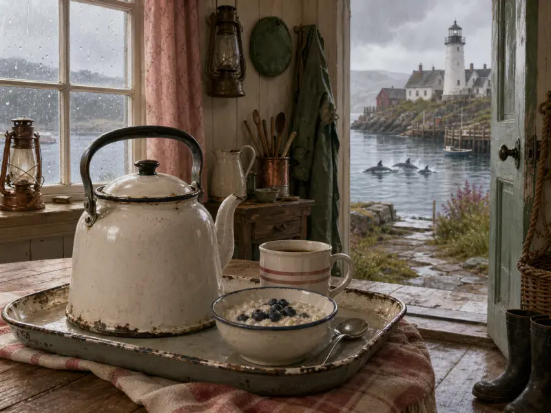 A cozy breakfast tray inside a rustic cottage overlooking a rainy harbor where dolphins swim near a distant lighthouse.