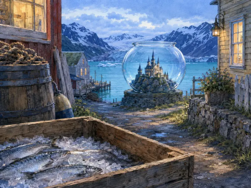 Fresh fish on ice beside a seaside path overlooking a glass fishbowl containing a miniature fairy-tale castle.
