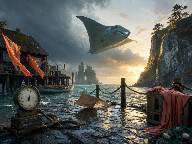 A giant manta ray flies through the cloudy sky above a rustic coastal pier and rocky sea cliffs at sunset.