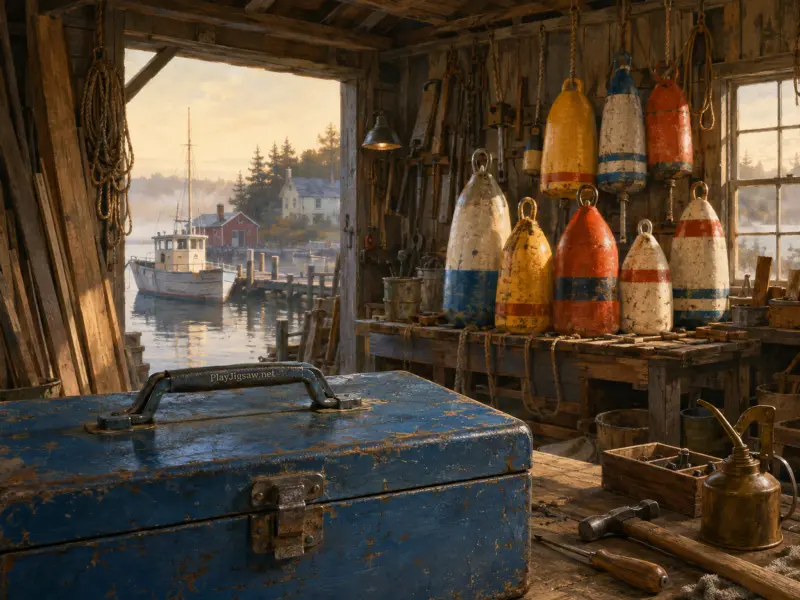 Rustic harbor workshop filled with colorful buoys and old tools, looking out toward a moored fishing boat.