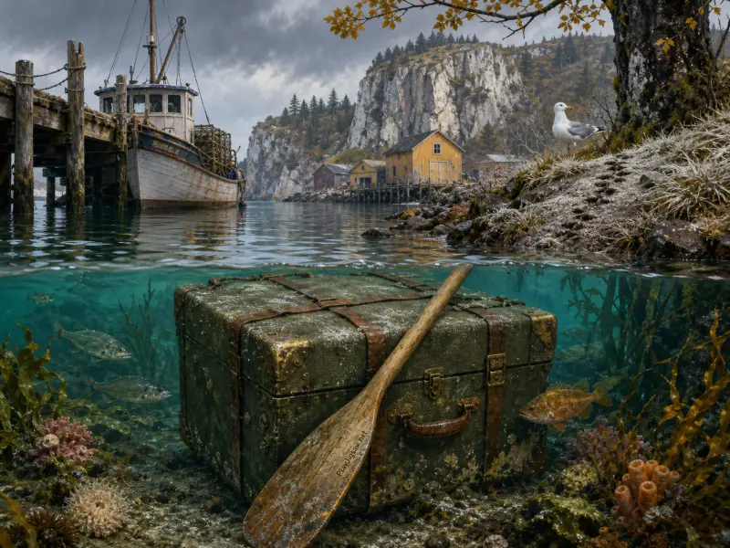 Split-level view of a fishing boat docked at a pier above and an old trunk resting underwater on the seabed.