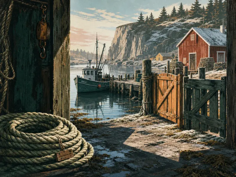 A green fishing boat moored at a wooden pier framed by a rustic boathouse doorway and snow-dusted cliffs.