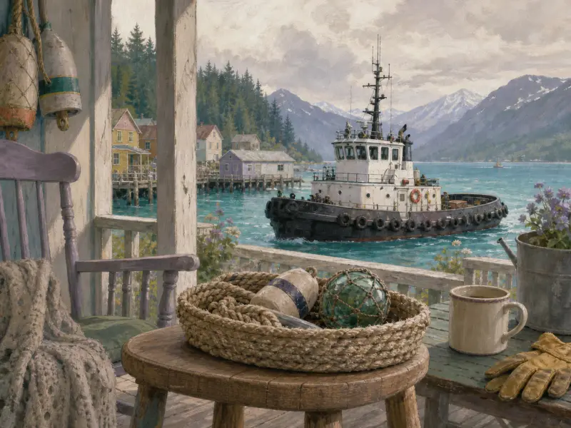 Tugboat navigating turquoise harbor waters viewed from a rustic porch with fishing buoys and a coffee cup.