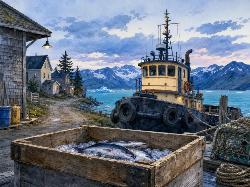 A tugboat docked near a wooden crate of fresh fish on ice, with coastal houses and snowy mountains in the background.