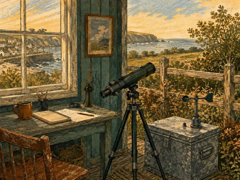 A vintage telescope on a rustic wooden porch overlooking rolling coastal hills, the sea, and a distant coastal village.